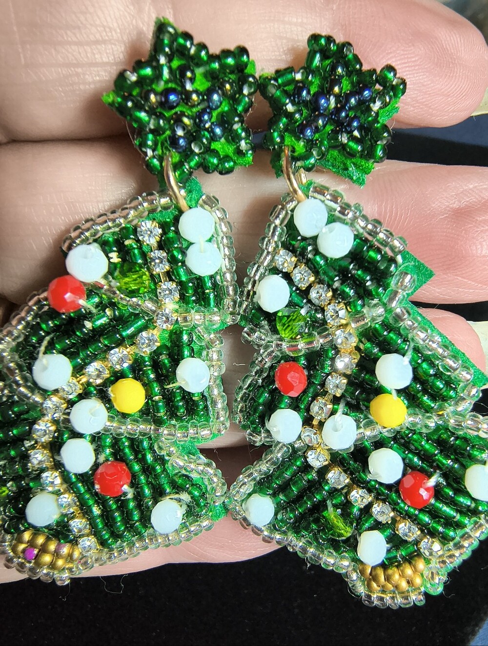 Vintage Handmade Beaded Christmas Tree Earrings Rhinestone Glass Bead